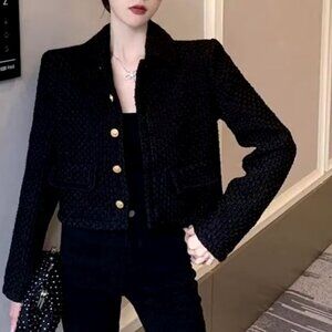 NWT Women’s Black Quilted Button Front Tweed Coat Warm Winter Jacket Classic